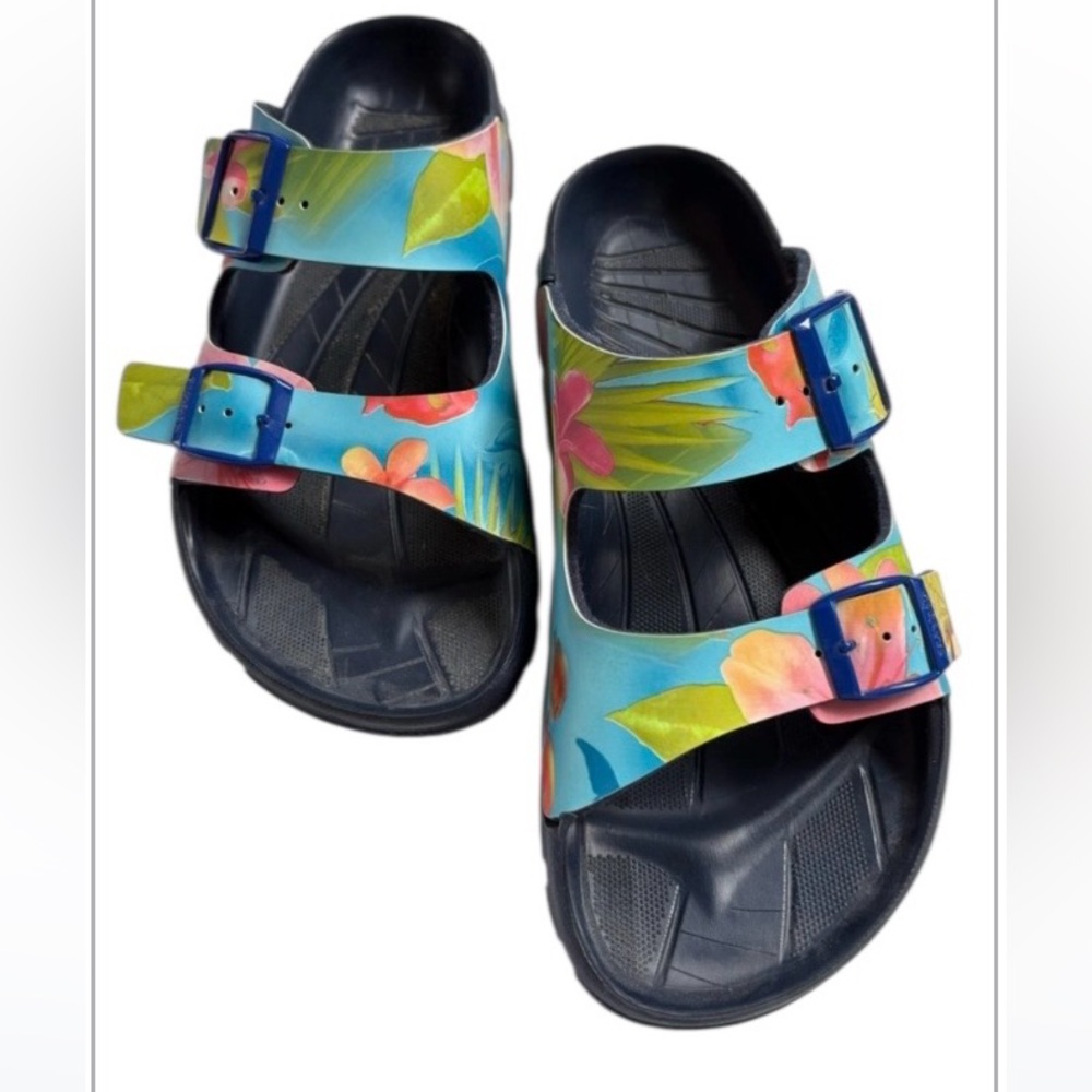 BIRKI’S Women’s Floral Blue Adjustable Strap Sandals Size 38 Like New